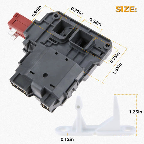 Washer Door Lock Switch With Door Strike Replacement Kit, Easy Install And Durable, gray lock and white strike parts shown with dimensions.