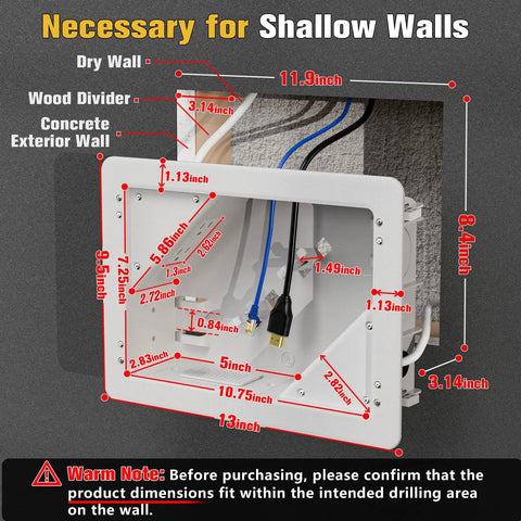 Pro Grade In Wall TV Box With Sleek Flange For Tidy Home Theater Wiring Durable Cord Hider Panel size dimensions for shallow walls.