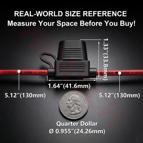 Kickass 2 Pack 10 AWG Inline Fuse Block With 12V UL Recognized Wire And IP67 Waterproof Seal For Rugged Marine Automotive Wiring Jobs Featuring ATC ATO Fuse Compatibility Options size reference with quarter dollar comparison.