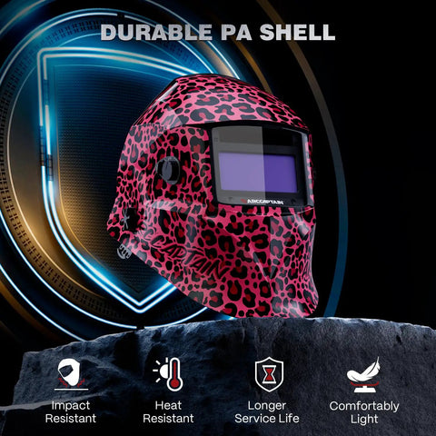 Leopard Pattern Auto Darkening Welding Helmet With True Color Lenses, Four Arc Sensors, on display with durability features