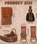 Dope Renaissance Belt Set With Leather Arm Guards And Sword Sheath Adjustable Waist Bag Viking Style Medieval Gear For Cosplay Or LARP Four Pouch Brown Costume Accessory Kit sizing details with dimensions of belt, waist bag, and arm guard.