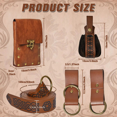 Dope Renaissance Belt Set With Leather Arm Guards And Sword Sheath Adjustable Waist Bag Viking Style Medieval Gear For Cosplay Or LARP Four Pouch Brown Costume Accessory Kit sizing details with dimensions of belt, waist bag, and arm guard.
