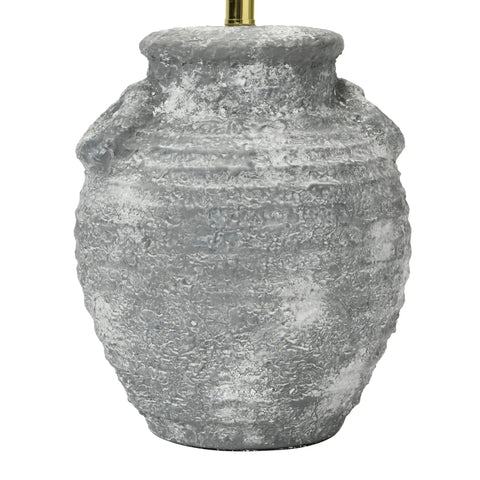 Grey Terracotta Table Lamp With Distressed Sculptural Base And Linen Shade, 23 Inch Tall, Iron Accents, 5 Foot Cord, 60W Max Bulb Not Included