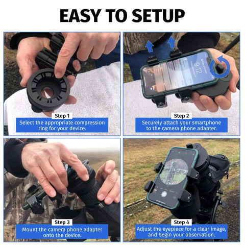 Step-by-step setup of Universal Spotting Scope Phone Adapter With Double Grip Telescope Mount for smartphones and digiscoping.