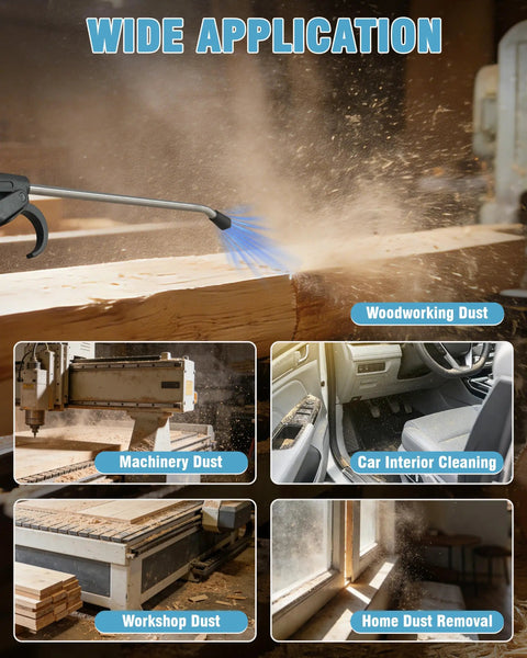 Heavy Duty Air Blow Gun With Long Nozzle Pumps Out Serious Compressor Air To Blast Away Stubborn Shop Dust while cleaning woodworking dust.