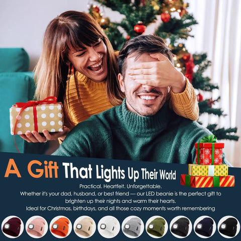 Couple exchanging gifts next to a Christmas tree, related to LED Beanie With Built-In USB Rechargeable Light For Men And Women