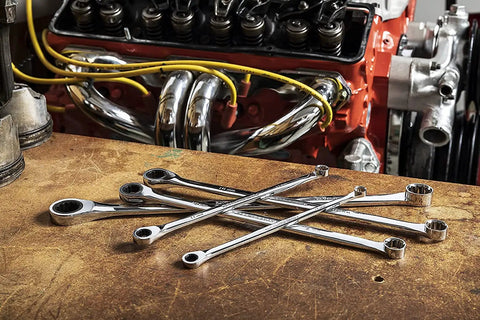 17 Piece XL Gear Box Double Box End Ratcheting Wrench Set Metric For Pros Off Corner Loading For Beefy Grip on a workbench