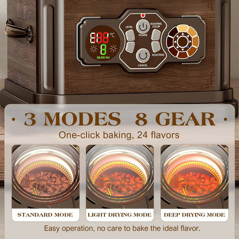 Top Tier Home Coffee Bean Roaster Featuring Silent Quick Heat Modes display panel showing temperature and modes.