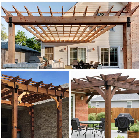 Heavy Duty Steel Z Pergola Brackets 4 Pack 5 By 5 Inch Z Shape Connectors in installed outdoor wooden pergolas.