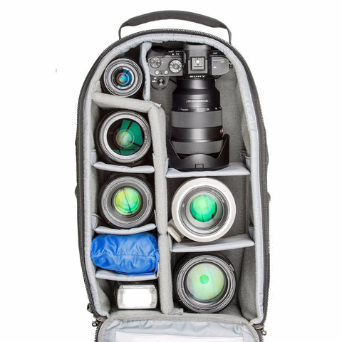 Open view of StreetWalker Pro V2 Camera Backpack TT476 for Everyday Photographers showing multiple lens compartments and camera