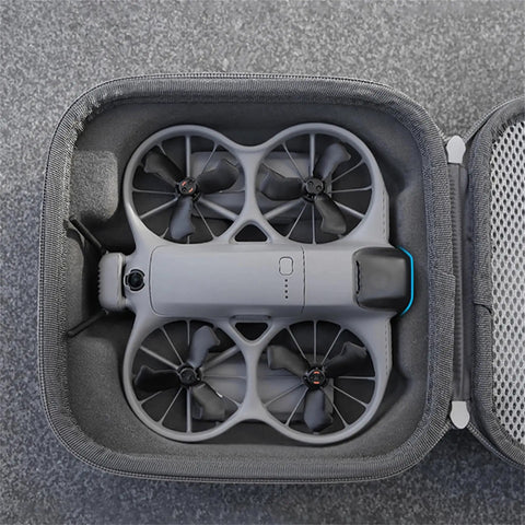 Drone Lens Cover Set For DJI NEO 2, 2 Pack Gimbal Protector Caps in a protective case with drone, anti scratch design.