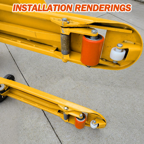 Durable Load Wheel Replacement For Toyota Electric Pallet Jack Lift Truck 8HBW23 installed on jack arm, 2 pcs visible