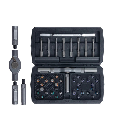 All In One Magnetic Screwdriver Set With 8 Long Bits And 32 Short Bits, ratcheting handle, magnetic tips, storage case visible