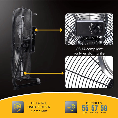 Side view of Heavy Duty 12 Inch High Velocity Floor Fan With All Metal Construction, showing OSHA compliant grille and speed control dial.