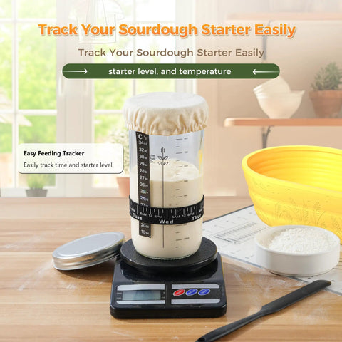 Sourdough Starter Kit For Beginners Newbie Friendly With 34 Oz Starter Jar And Clear Scale Markings Two Silicone Proofing Baskets Complete Bread Baking Kit With Guide And Recipes Easy To Use And Clean Yellow featuring jar on scale