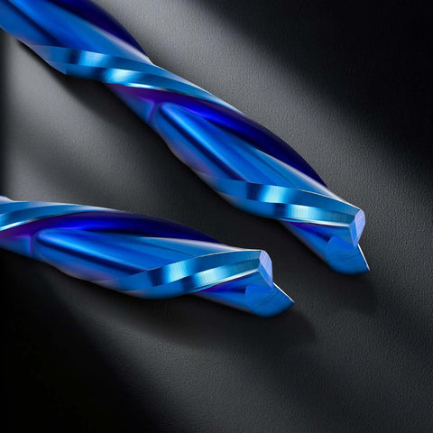 Downcut spiral router bits, blue tungsten carbide, 1/8 in shank, three pieces