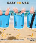 Roll Top Waterproof Dry Bag 5L step-by-step use on beach, showing roll, buckle, and strap attachment with free waterproof phone case.