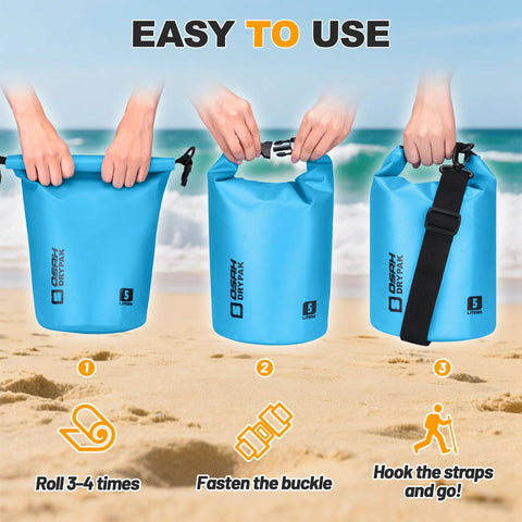 Roll Top Waterproof Dry Bag 5L step-by-step use on beach, showing roll, buckle, and strap attachment with free waterproof phone case.