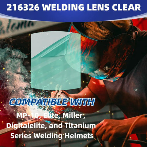 Clear Front Lens Cover Replacement Pack For Welding Helmets 10 Pack Exterior Outer Lens Fits MP 10 Elite Titanium Digital Elite And Miller Series Helmets Pro Grade Clarity Easy Upgrade shown on welding helmet