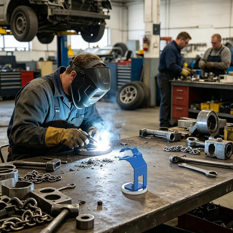 Sturdy Magnetic Mig Welding Torch Holder With Magnet Base For Hands Free Workpiece Alignment and Secure Tool Parking To Boost Efficiency During Extended Metal Fabrication Jobs on worktable.