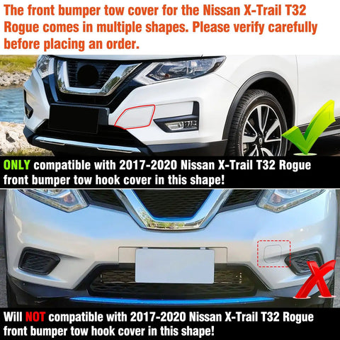 Nissan X Trail Rogue Tow Hook Cover Left Front Bumper Towing Eye Cap Replacement For 2017 2018 2019 2020 White Driver Side Easy Install Compatible With 622A0 6FL0H 622A0 6FV0A showing compatible and incompatible bumper shapes