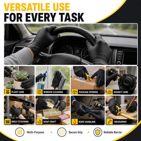 Heavy Duty Black Nitrile Gloves Rock Solid 8 Mil Thick Disposable Latex Free Powder Free Work Gloves For Mechanics And Diy Jobs Box Of 100 Medium Size, shown in versatile tasks like driving and cleaning.
