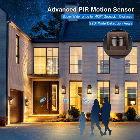 Outdoor Motion Sensor Porch Light In Oil Rubbed Bronze illuminating a house facade with advanced PIR motion detection for security.