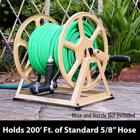 Heavy Duty Steel Hose Reel For Wall Or Floor Mount, Beefed Up To Hold 200 Feet Of Five Eighth Inch Hose, Tan Finish, Outdoor Use