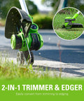Two In One Lawn Edger and String Trimmer features a pivoting head for precise trimming with sturdy telescoping shaft.