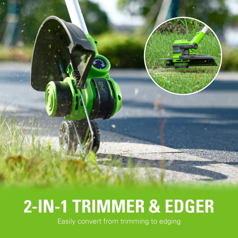 Two In One Lawn Edger and String Trimmer features a pivoting head for precise trimming with sturdy telescoping shaft.