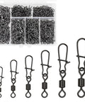 300 Pack Fishing Snap Swivels Tackle Barrel With Safety Snaps Beefed Up High Carbon Steel Nickel Coated For Saltwater And Freshwater Use Corrosion Resistant Long Lasting Two In One Rotating Fittings For Quick Replacement. 300-piece fishing swivels kit in organizer