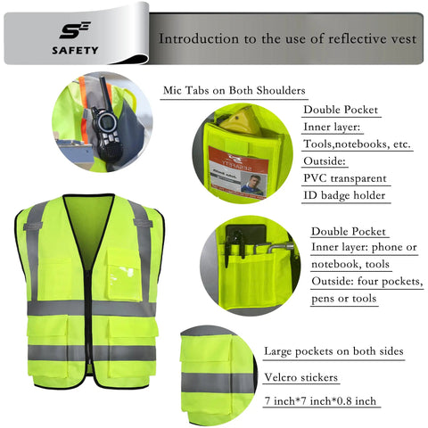 High Visibility Safety Vest With 9 Pockets For Men, Reflective Security Work Vest, ANSI ISEA Class 2 Type R, Yellow, front view
