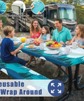 Family dining at campsite with Picnic Table Cover Set With Two Bench Covers For 6 Foot Tables Elastic Spandex Stretch Fit in forest green.