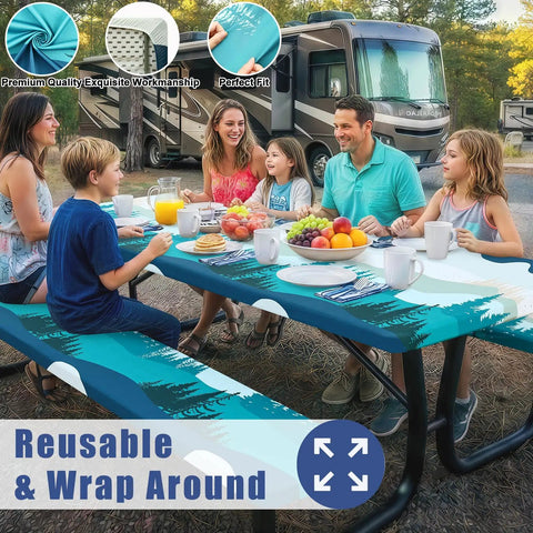 Family dining at campsite with Picnic Table Cover Set With Two Bench Covers For 6 Foot Tables Elastic Spandex Stretch Fit in forest green.