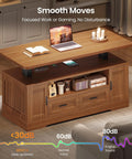 Chic 47 Inch Farmhouse Electric Lift Top Coffee Table With Storage Drawers Shelves Height Adjustable Standing Desk For Living Room Brown with laptop and candles.