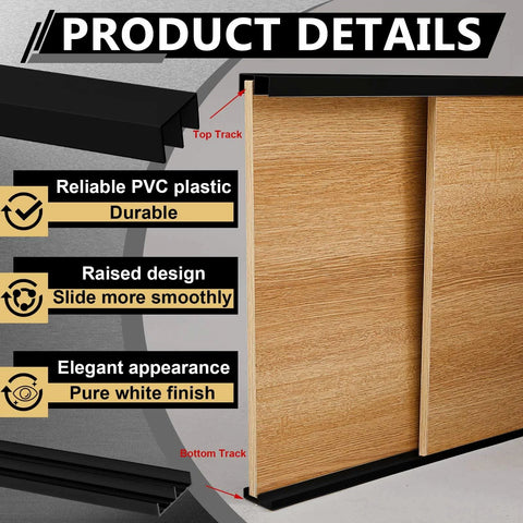 Product details of Two Sets Of Four Foot Plastic Sliding Door Track Hardware For One Half Inch Panel Doors Black Includes Upper And Lower Tracks Easy Quick Installation For Cabinet Closet And Glass Sliding Doors.
