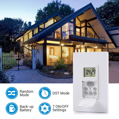 In Wall Timer Switch for Lights and Fans, 7 Day Programmable Digital Timer With 7 On Off Settings shown outside a lit house