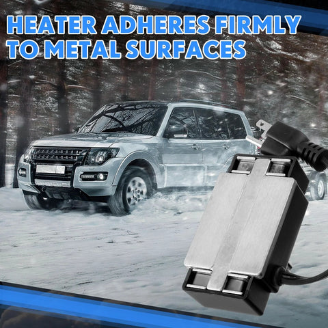Hortsun portable magnetic engine block heater; silver rectangular housing with power cord (front view)