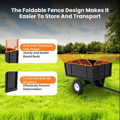 Heavy Duty 750 Lb Steel Dump Cart With 17 Cu Ft Capacity Tow Behind Utility Trailer Removable Mesh Sides Pneumatic Tires