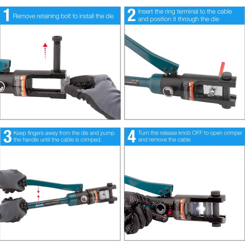 Instructions showing operation of Beefy Hydraulic Wire Crimping Tool Kit With 13 Dies 16 Ton Battery Terminal Crimper For 8 AWG To 600 MCM Wire Industrial Hydraulic Crimper For Power Wires And Electrical Cables Copper And Stainless Steel.