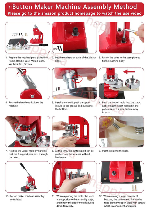 Button Maker Machine assembly method steps with parts like frame, handle, and bolts for Top Tier Button Maker Machine For Making Dope Badges Slick Badge Press Kit.