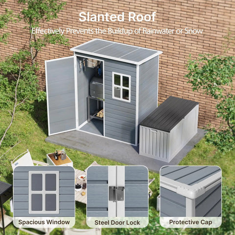 5x3 Ft Outdoor Storage Shed With Lockable Door, Rugged Weatherproof Resin Garden Shed With Floor And Ventilation in backyard
