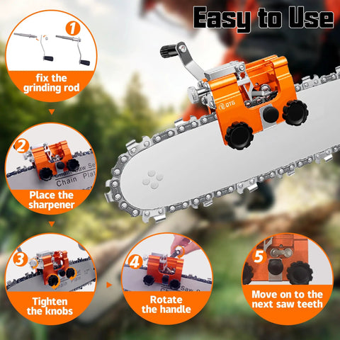 Manual Chainsaw Sharpener Set With Durable Clamp Portable Hand Crank Chain Grinder for precise 30-degree sharpening on chainsaw blade.