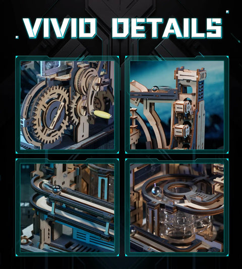 Detailed view of Motorized Wooden Marble Run Puzzle For Adults LGC01 Marble Spaceport with gears and tracks.