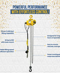 Front view of Budgit 2200 Series 1/2-ton pneumatic air hoist, yellow with metal chain and hook