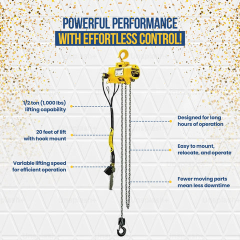 Front view of Budgit 2200 Series 1/2-ton pneumatic air hoist, yellow with metal chain and hook