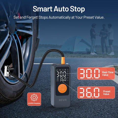 Portable Tire Inflator With Digital Pressure Gauge, 150 PSI Cordless Air Pump for cars in use at car tire.