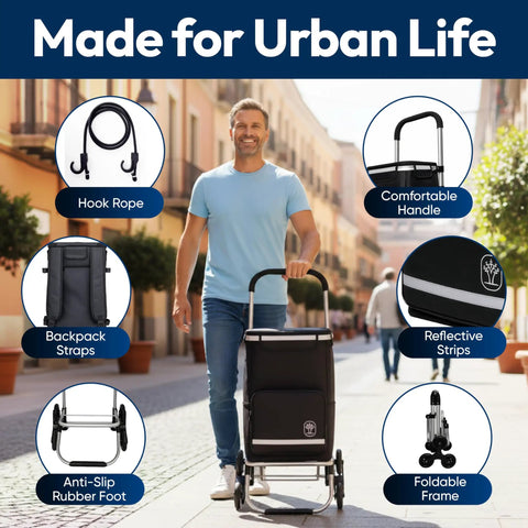 Man using Foldable Stair Climbing Shopping Cart With Wheels for Groceries and Laundry, highlighting features in urban setting