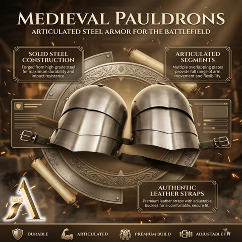 Medieval Shoulder Pauldron Set In Steel Armor For Larp Cosplay Dual Plate Pauldrons with leather straps and engraved design