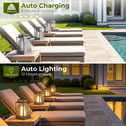 Outdoor Solar Lanterns With Flickering Flame 2 Pack Rustproof Metal LED Lights for patio deck yard, daytime and nighttime view